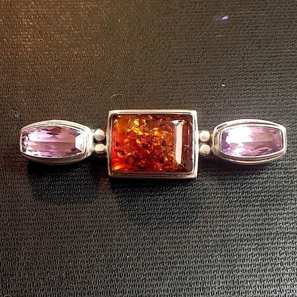 LORI BONN Sterling Silver Faceted Amethyst and Amber Pendant / Brooch